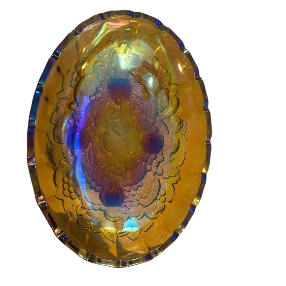 Vintage Indiana Amber Carnival Glass Footed Bowl - Fruit Pattern - Picture 7 of 10